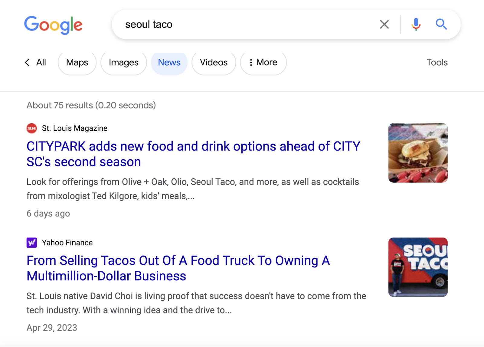 Google's “News” section for "seoul taco" query