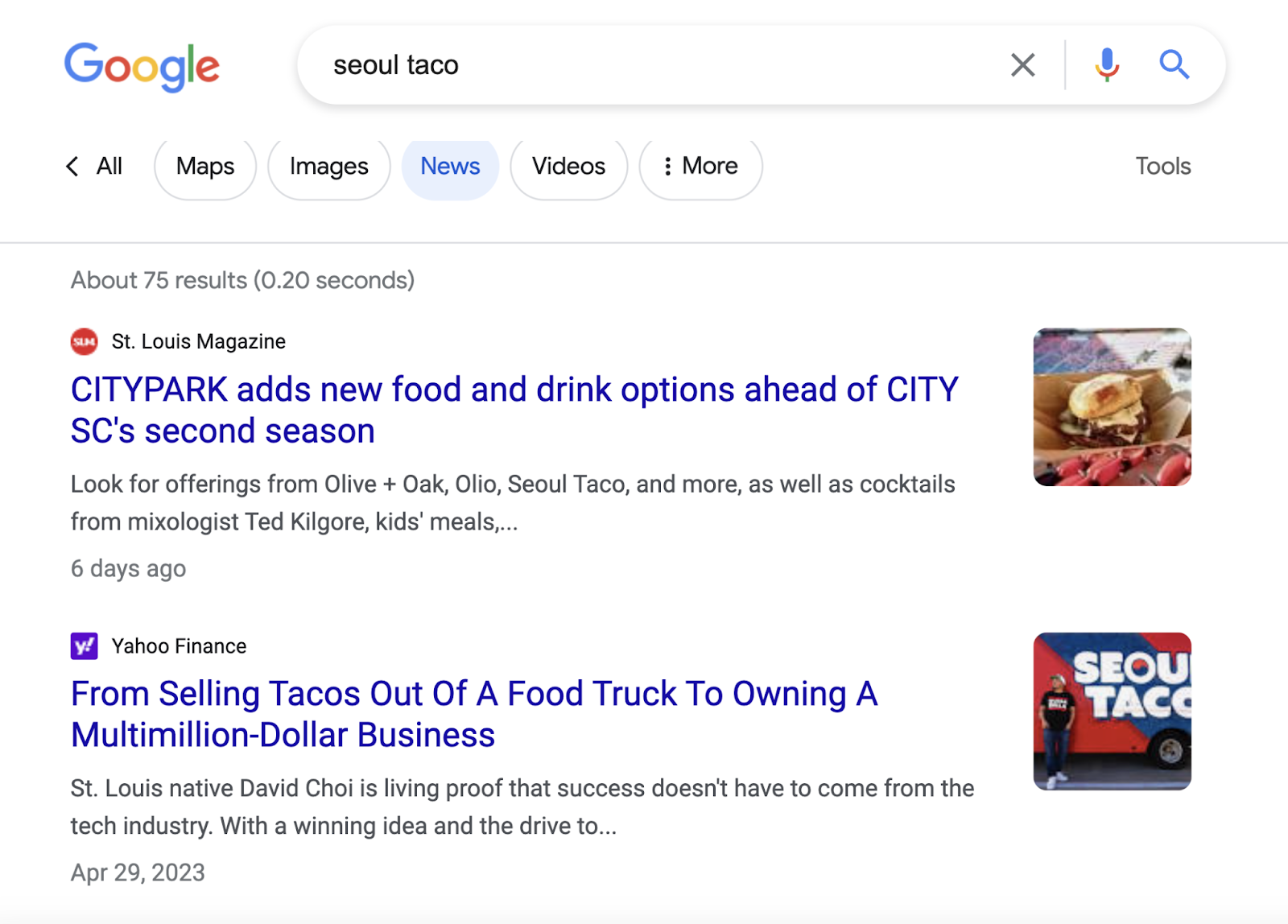 La sezione "Notizie" di Google per la ricerca "seoul taco"