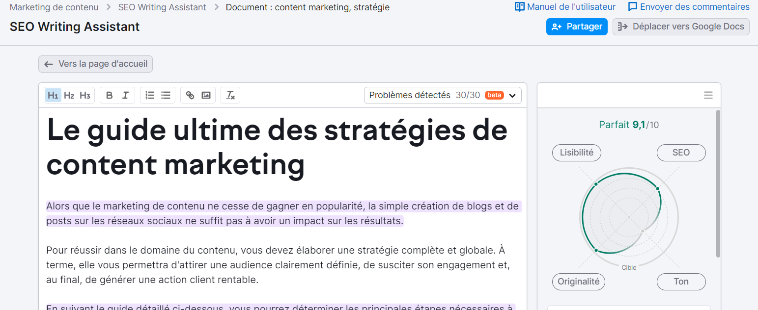 Exemple d'évaluation de texte par SEO Writing Assistant de Semrush