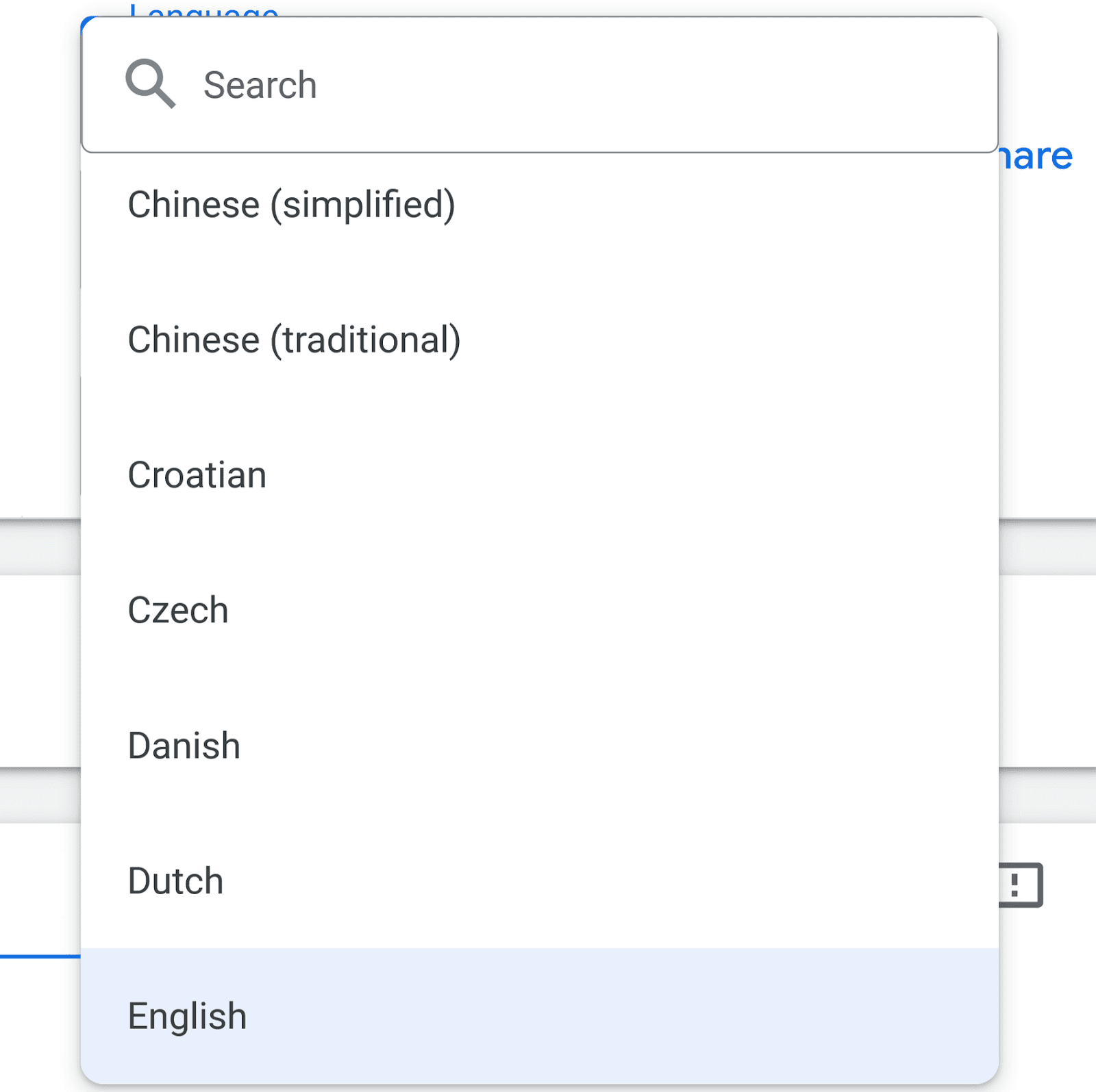 Un campo de búsqueda de idioma que muestra una lista desplegable con varios idiomas, con el inglés resaltado.