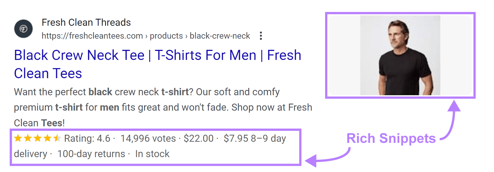 Fresh Clean Threads result on Google SERP containing rich snippets: an image, rating, votes, prices, delivery and return information, and stock