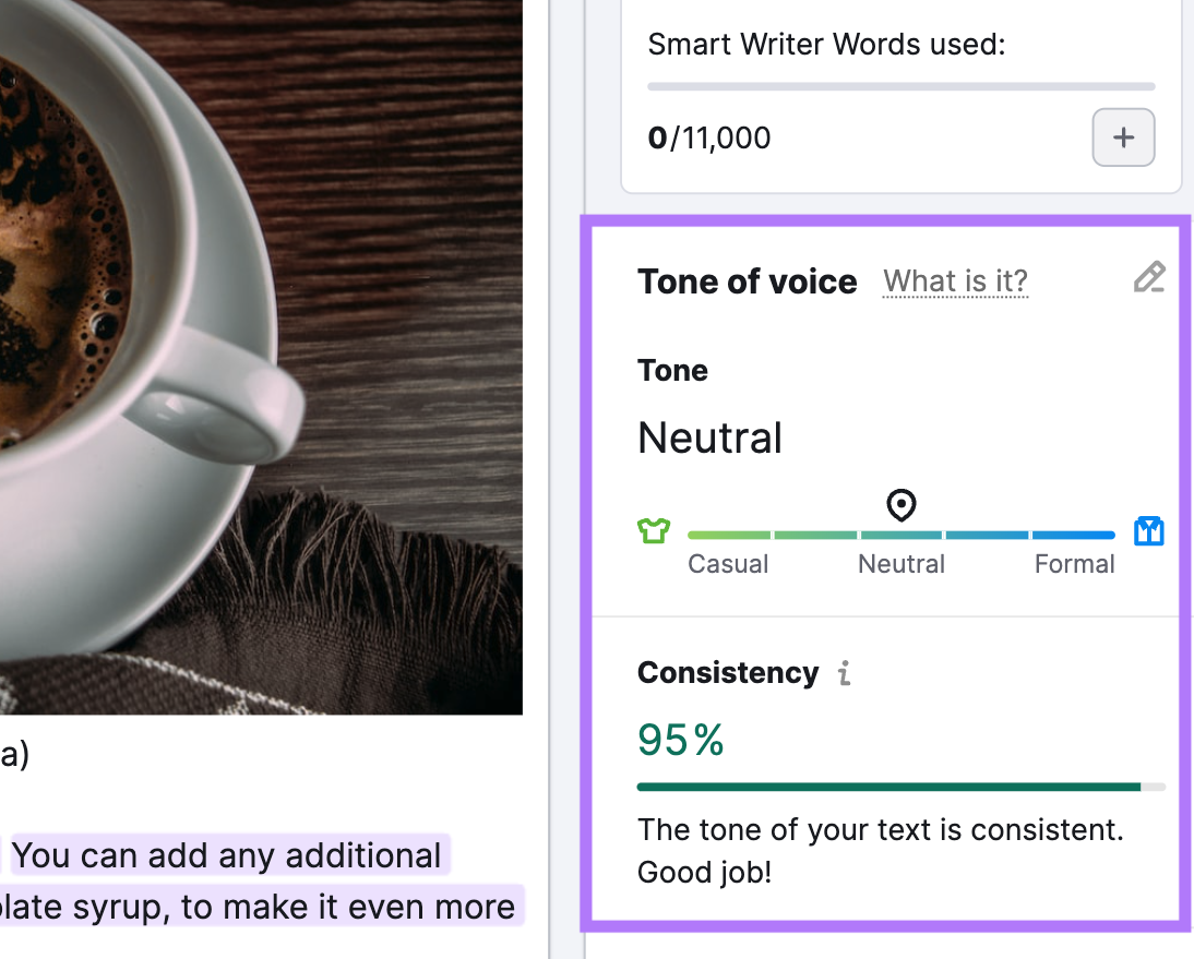 "Tone of voice" section highlighted in SEO Writing Assistant editor
