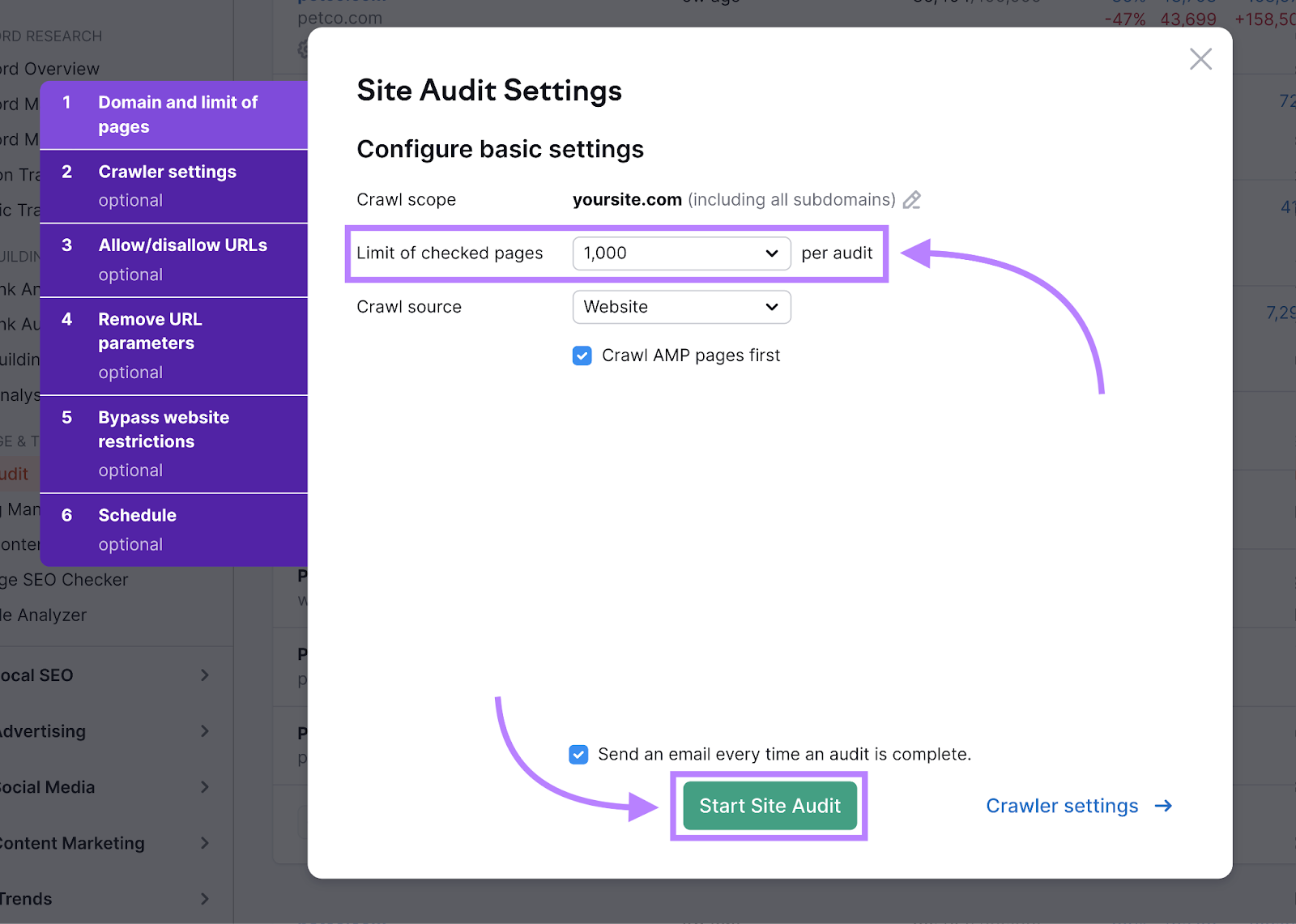 “Site Audit Settings” window