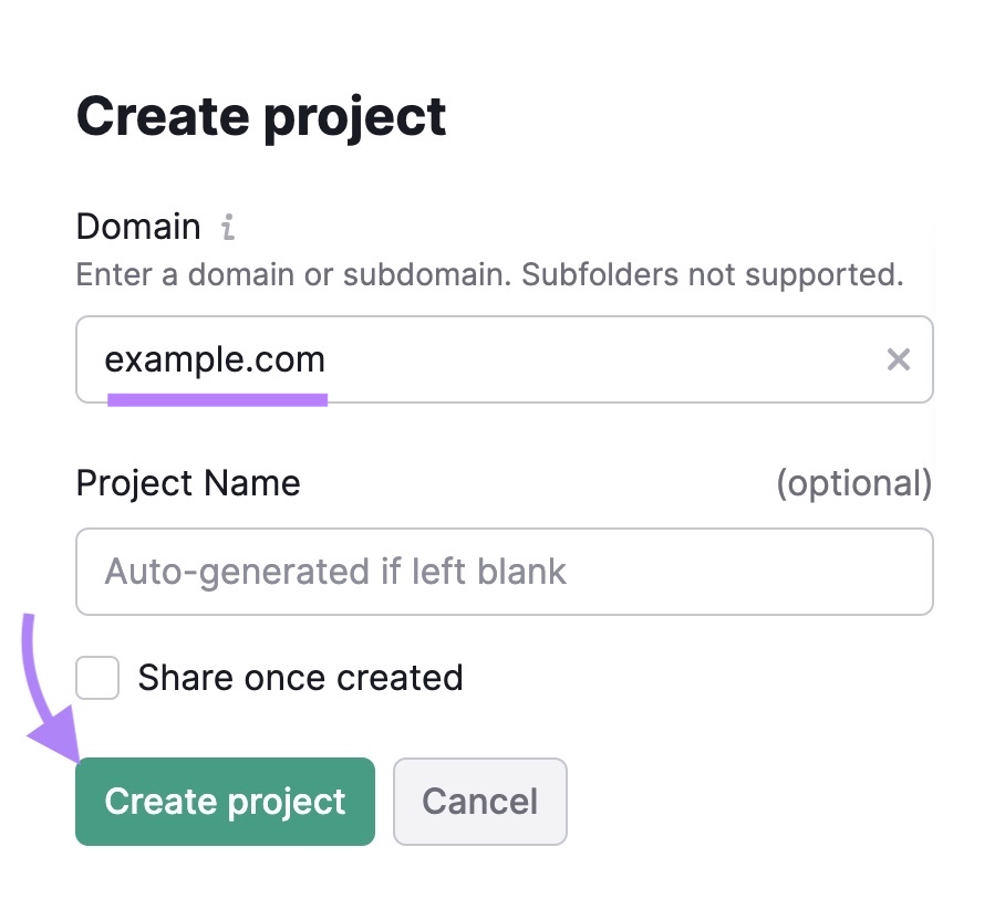 "Create project" window on Semrush with a domain entered and the "Create project" button clicked.