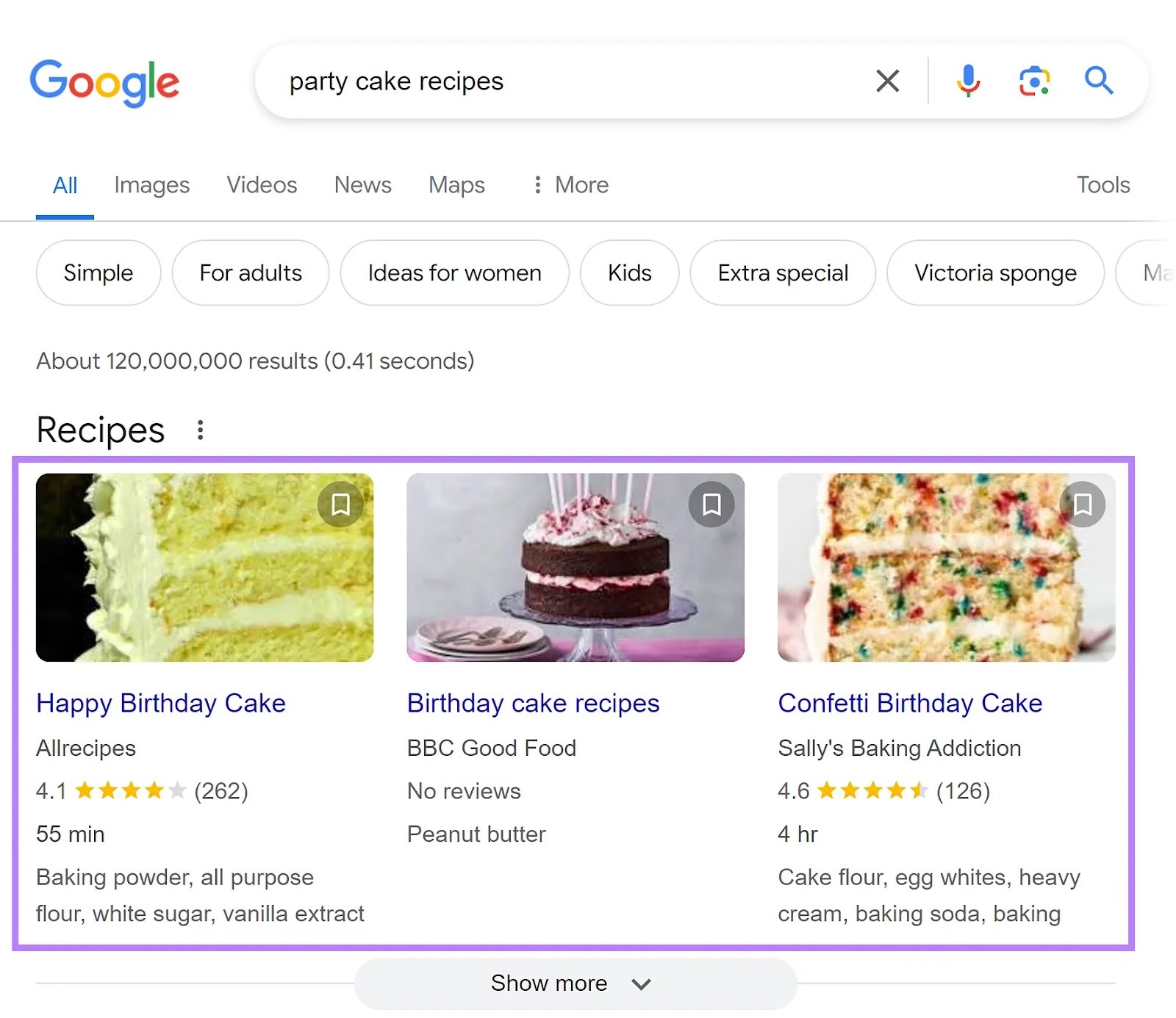 Rich snippets of birthday cake recipes as shown in the Google Search Engine Results Page.