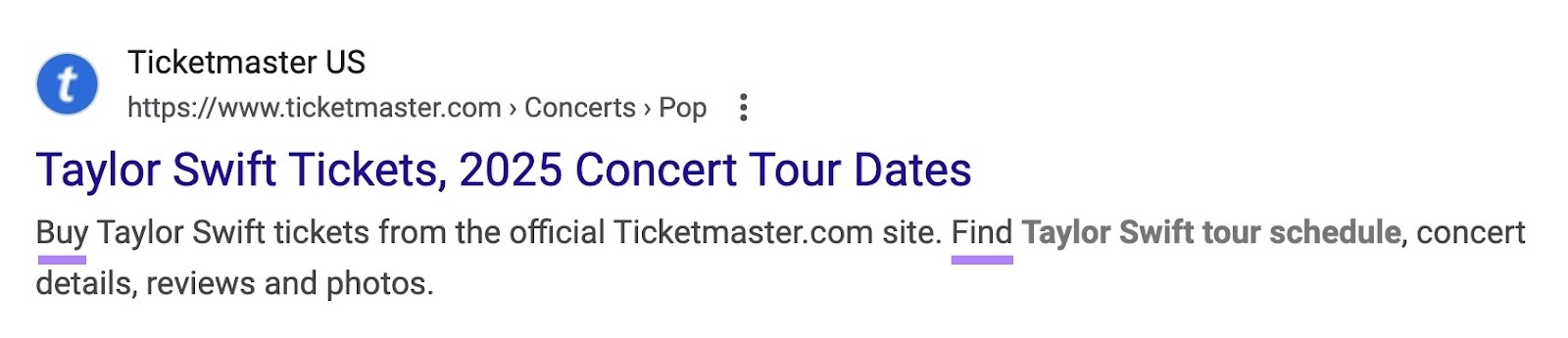 Meta description by Ticketmaster using imperative sentences that begin with "Buy" and "Find" that encourage the user to take action.