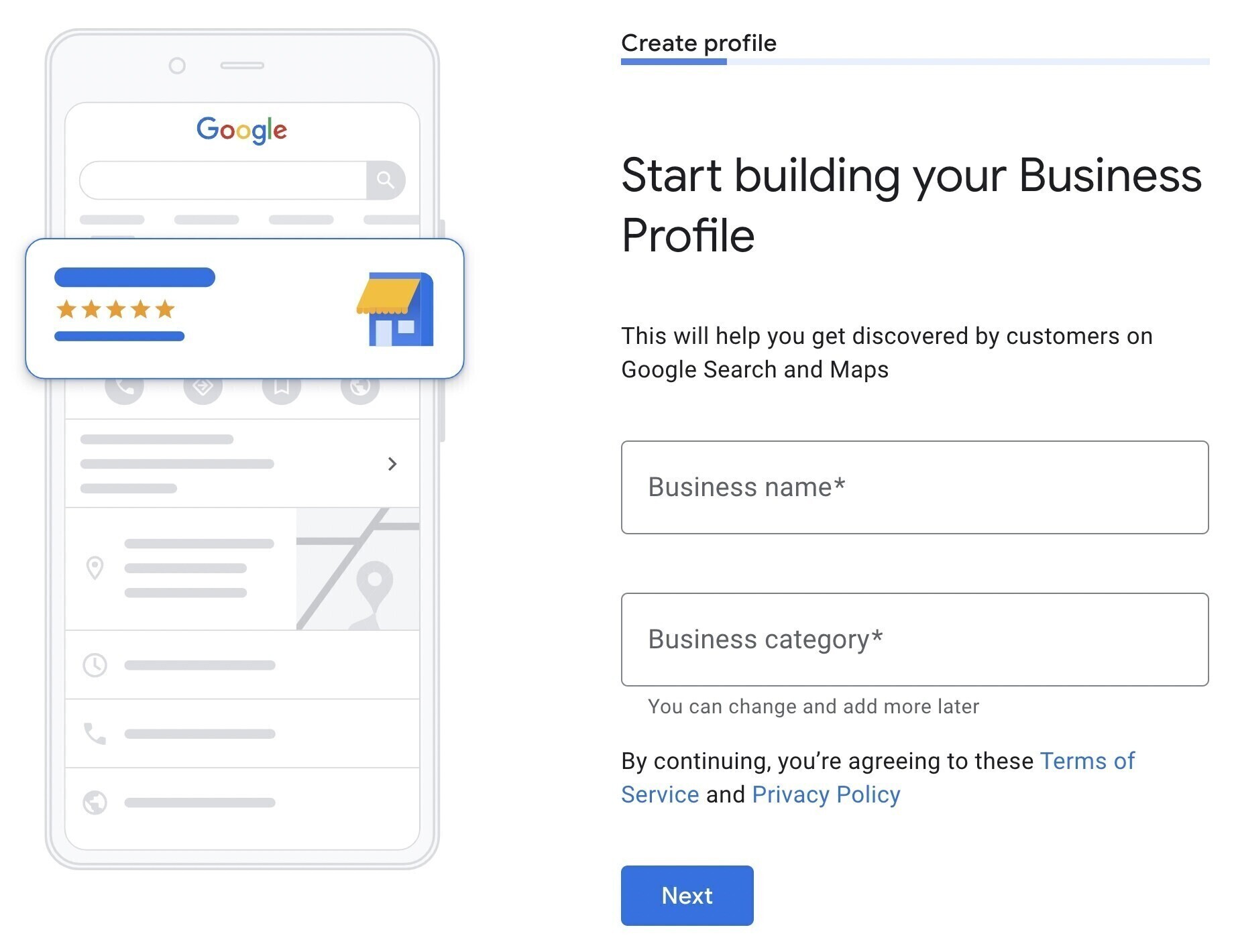 creating business profile, google business profile window