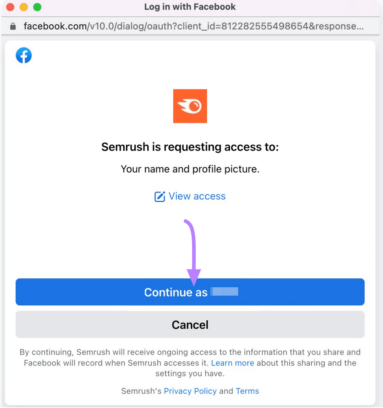Authorize Semrush to access your Facebook account
