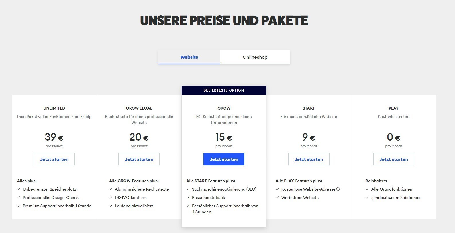 Jimdo Preise und Pakete