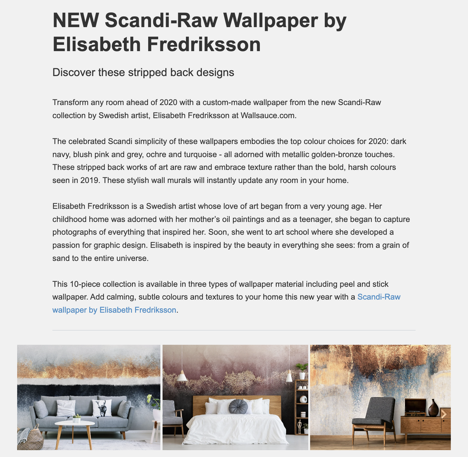 A press release from Wallsauce titled "NEW Scandi-Raw Wallpaper by Elisabeth Fredriksson"