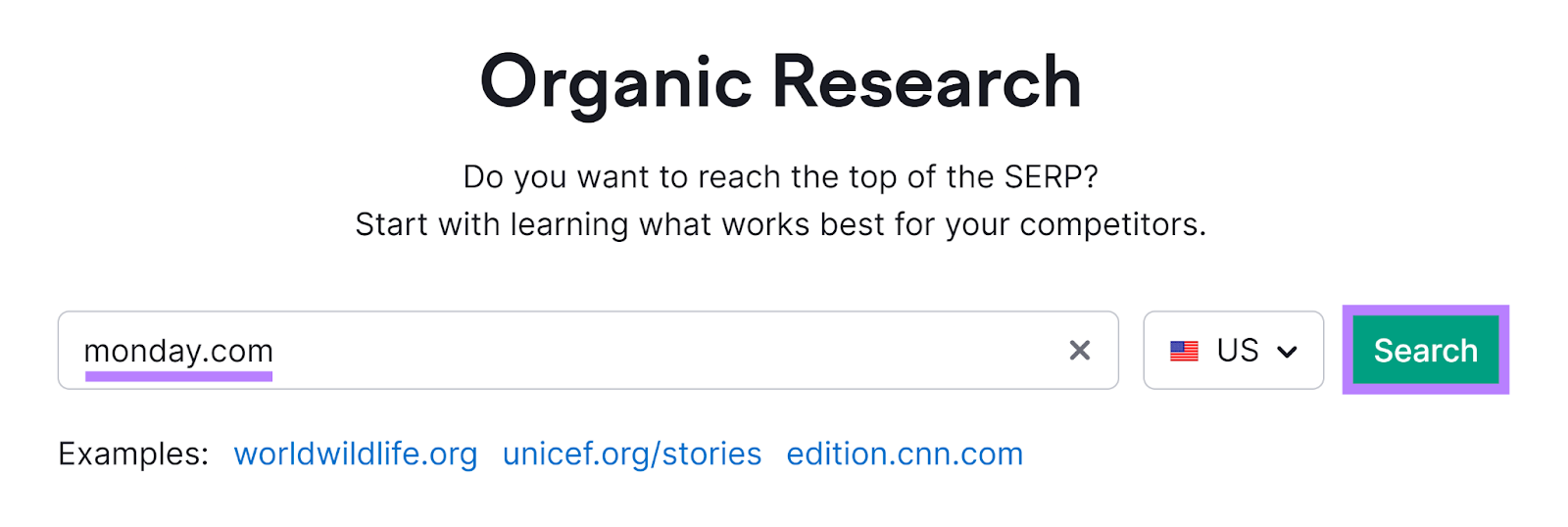 Semrush Organic Research tool start with domain and Search button highlighted.