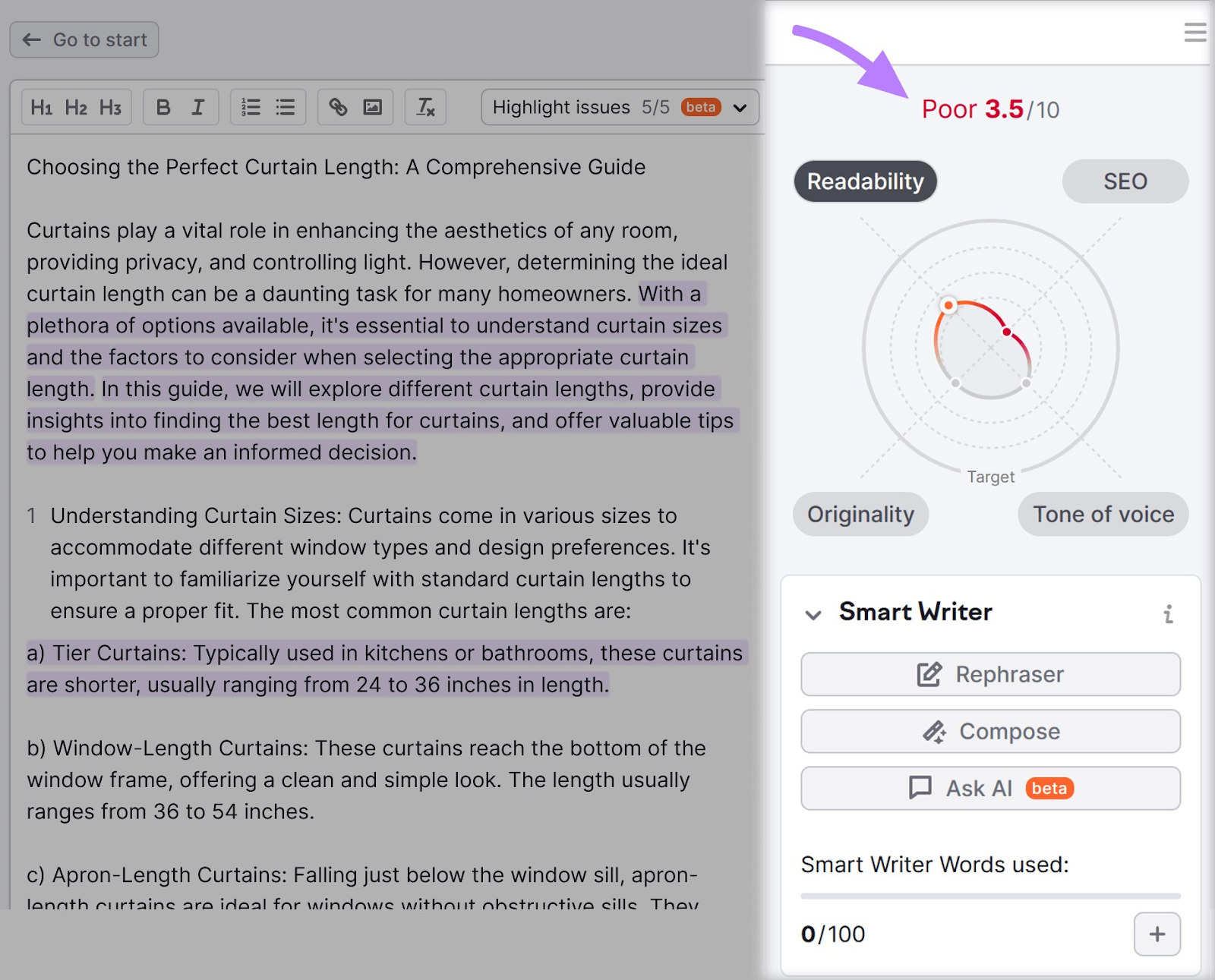 results for readability, SEO, originality, and tone of voice on the right