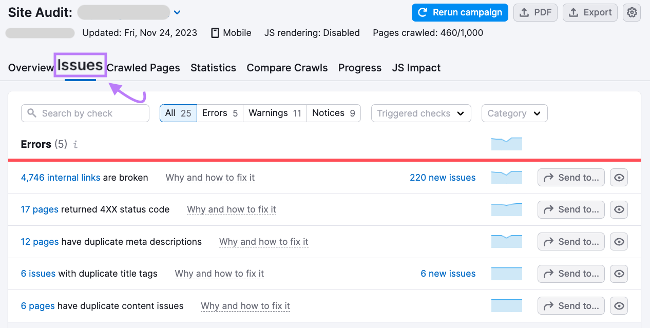 "Issues" tab in Site Audit tool