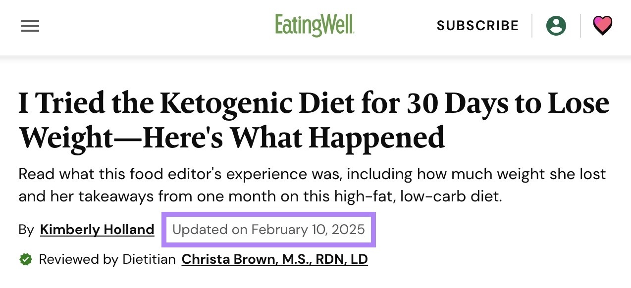 Schema markup used to indicate when a page was last updated on the EatingWell website.