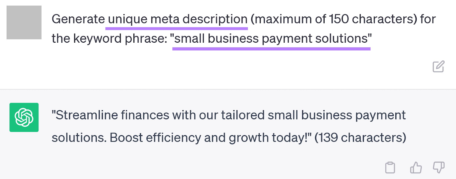 A prompt asking ChatGPT to generate unique meta description for the keyword phrase “small business payment solutions”