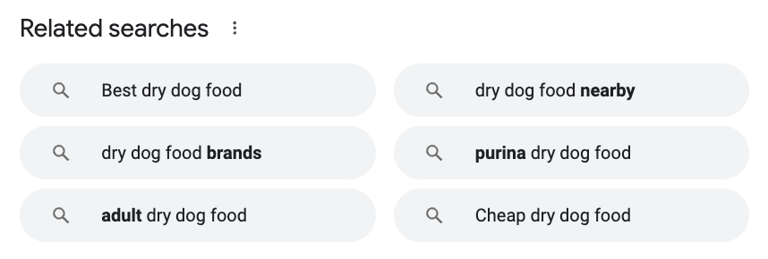 Google’s "Related searches" section for "dry  food"