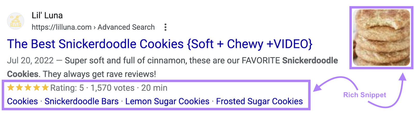 A search result shows additional information like an image, star rating, time to make, and links to similar recipes.