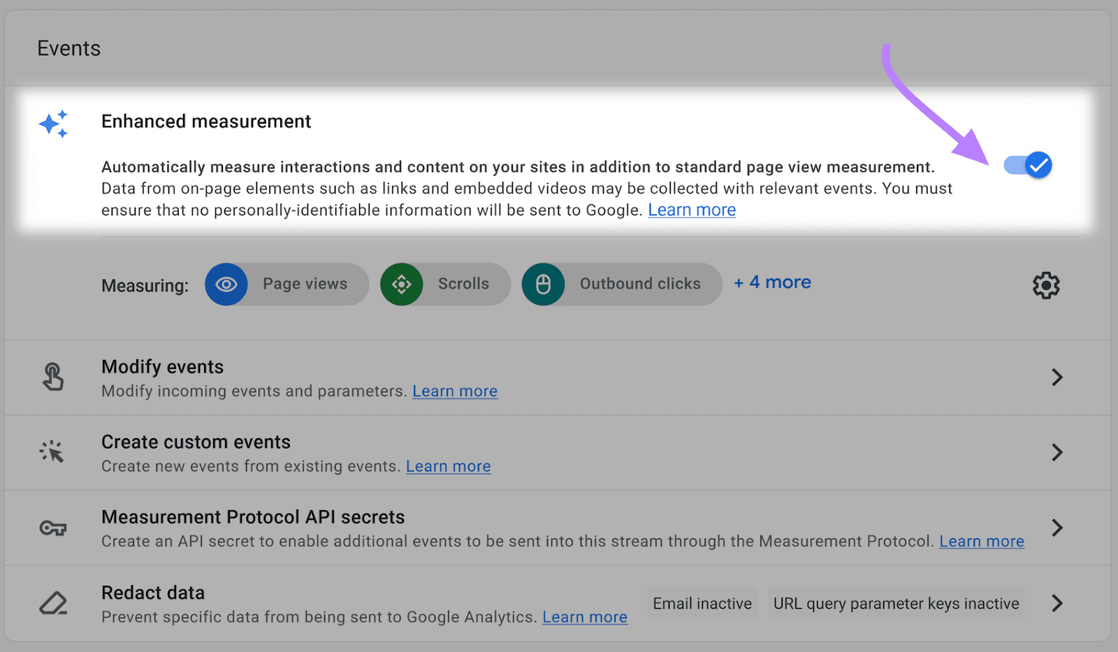 “Enhanced measurement” switch toggled on