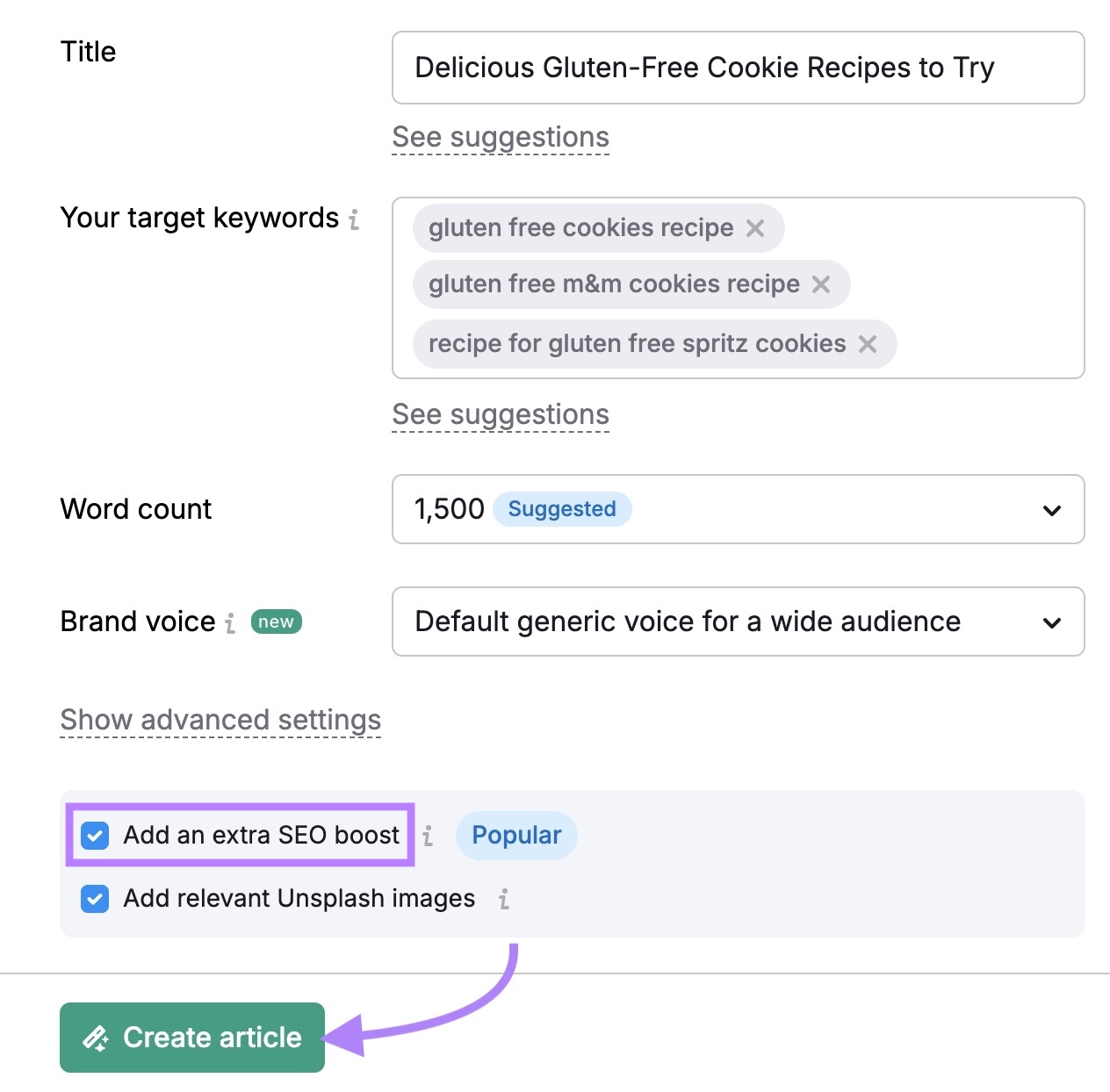 Article settings connected  ContentShake AI with options to customize the title, people     keywords, connection     count, marque  voice, etc. with "Create article" clicked.