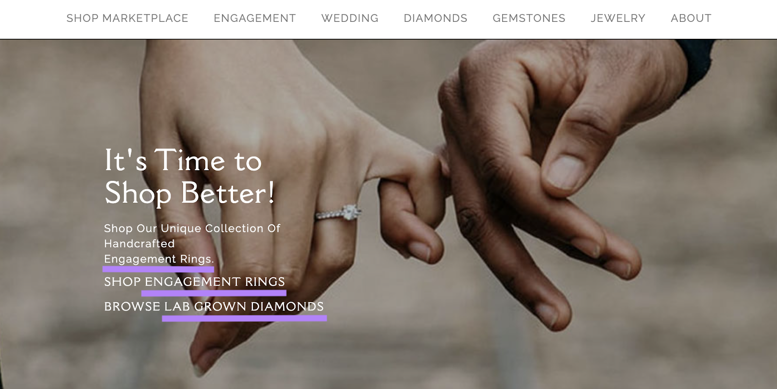 A webpage with text reading "Shop engagement rings" and "Browse lab grown diamonds"