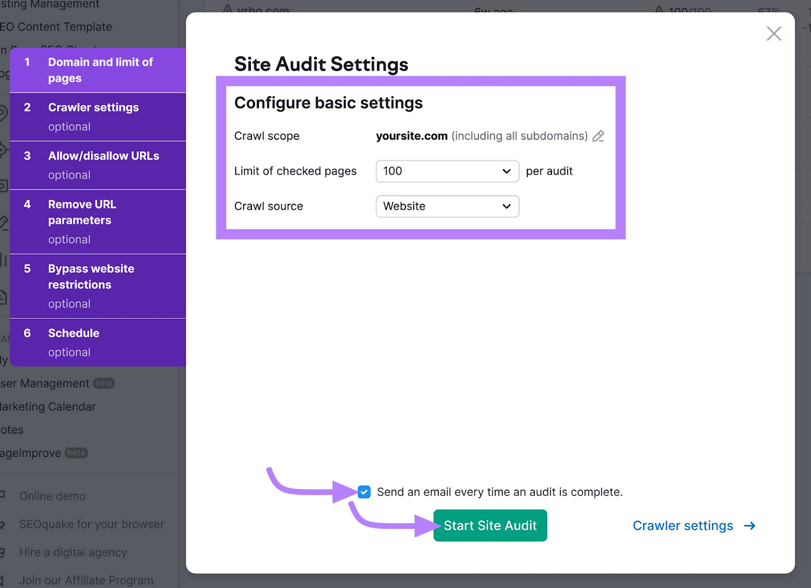 "Configure basic settings" section under Site Audit Settings