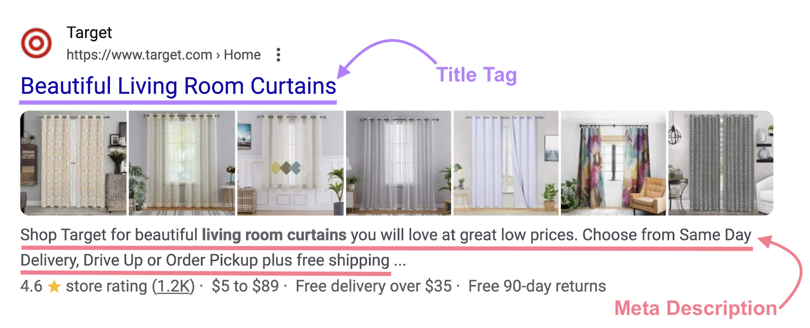 Title tag for Target's curtain listing is 