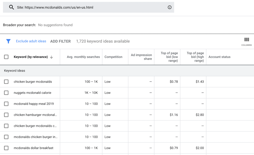 mcdonalds keyword planner