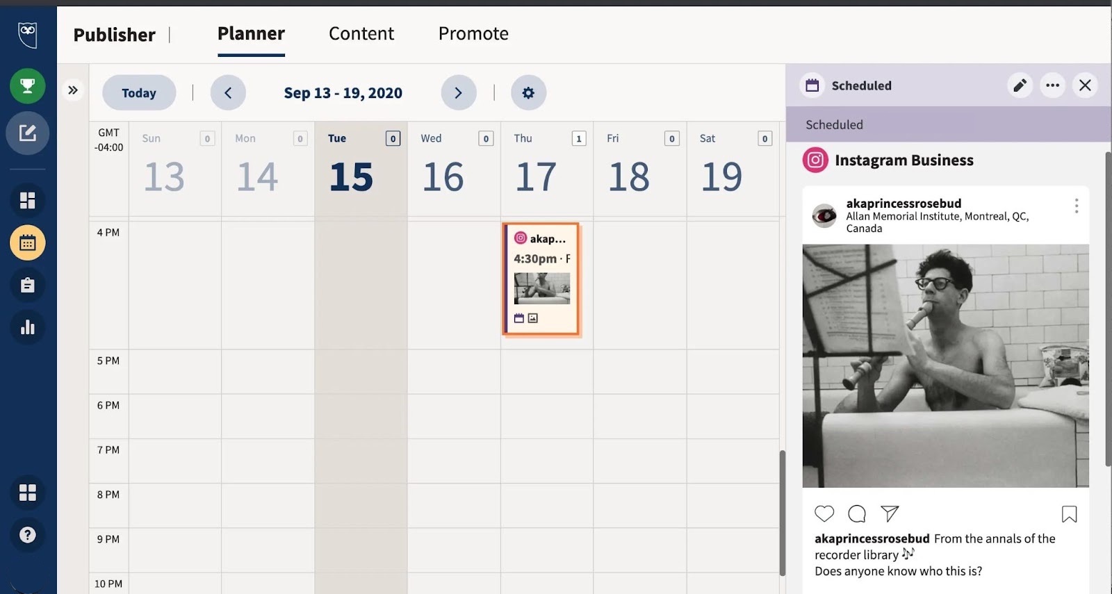 "Hootsuite" dashboard showing an icon of a scheduled post on the calendar along with a preview of how it appears.