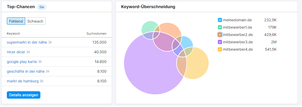 Domain-Übersicht: Top-Chancen und Keyword-Überschneidung