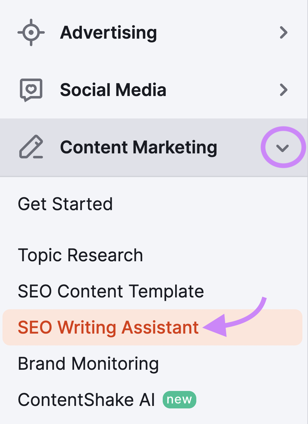 "SEO Writing Assistant” selected from the Semrush menu