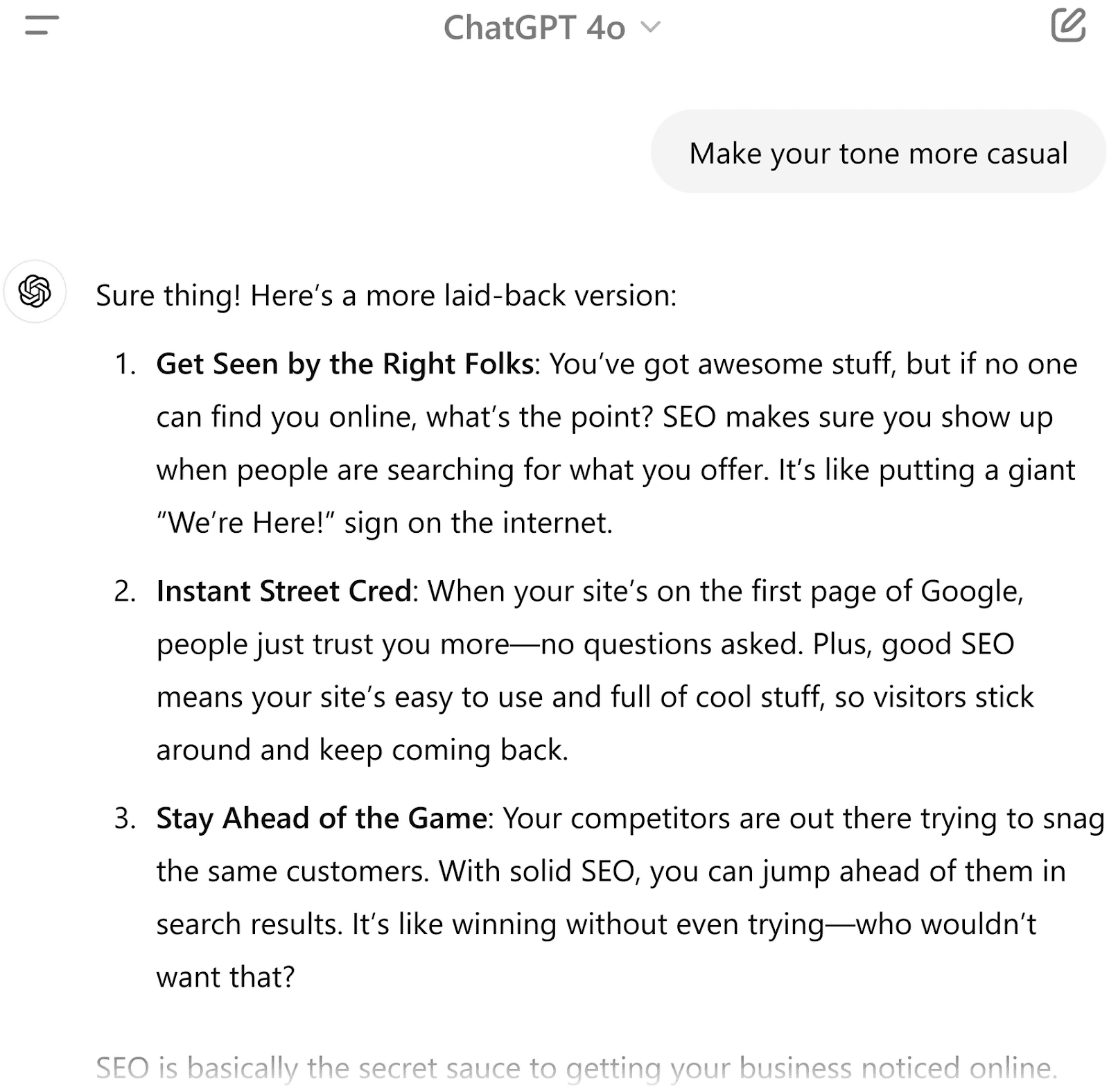 ChatGPT 4o with a chat showing a prompt requesting a more casual tone and a response detailing the benefits of SEO