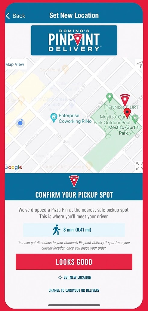 Setting delivery location in Domino’s Pizza mobile app