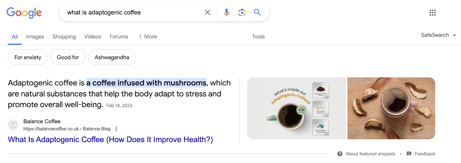 search for "what is adaptogenic coffee" has featured snippet with two images