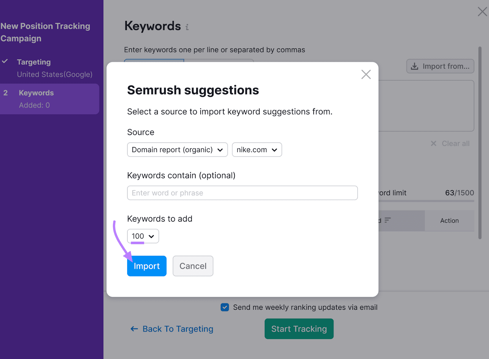 “Semrush suggestions” window in Position Tracking tool