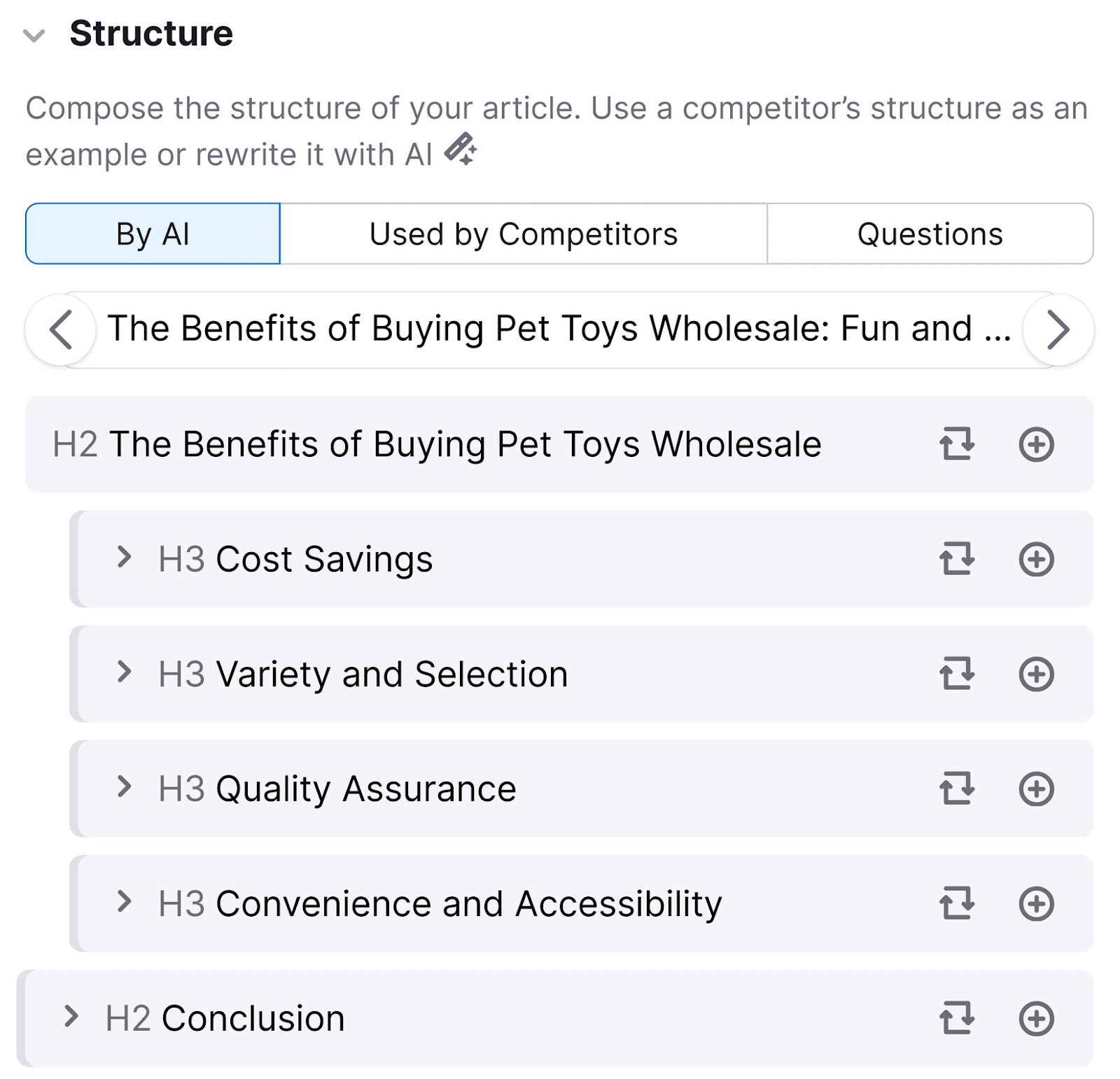 "Structure" window in ContentShake AI