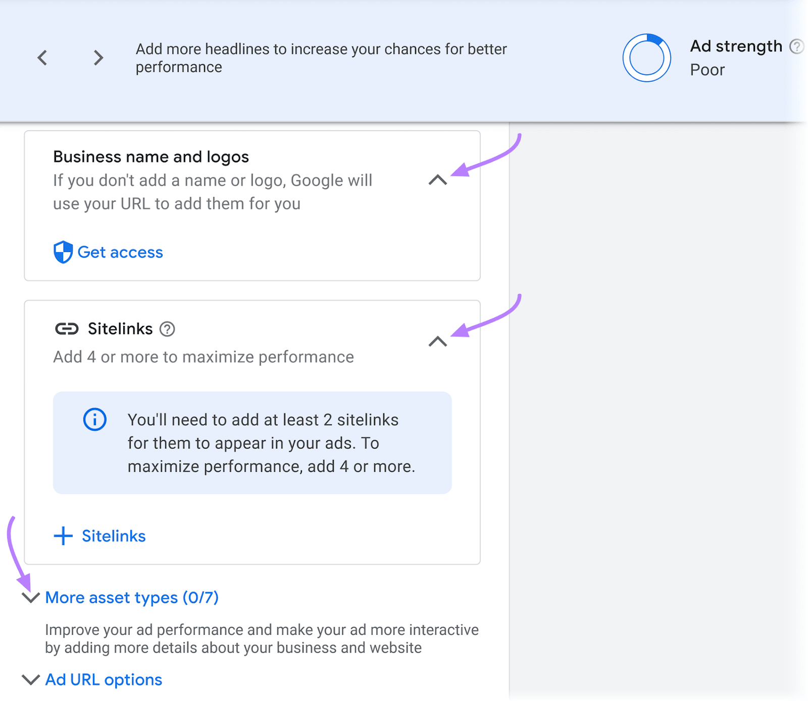 Google Ads advertisement  instauration  interface showing prompts to adhd  concern  names and logos, sitelinks, and much  plus  types.