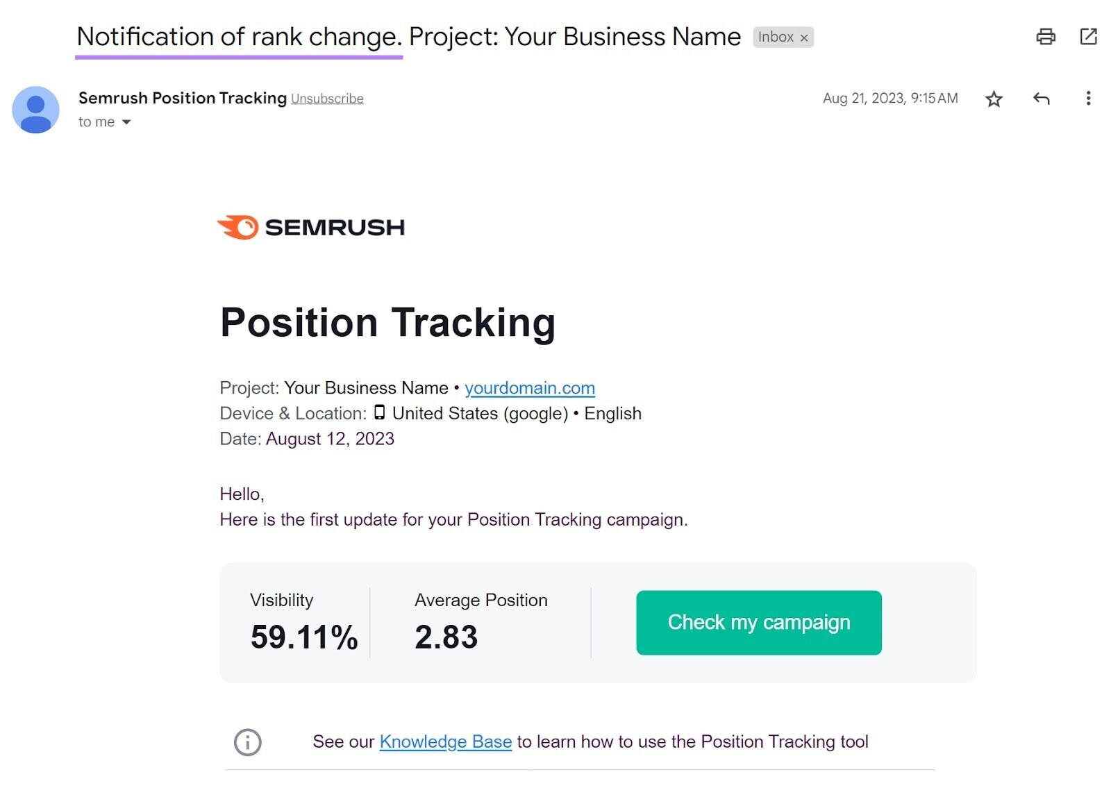 Position Tracking email notification