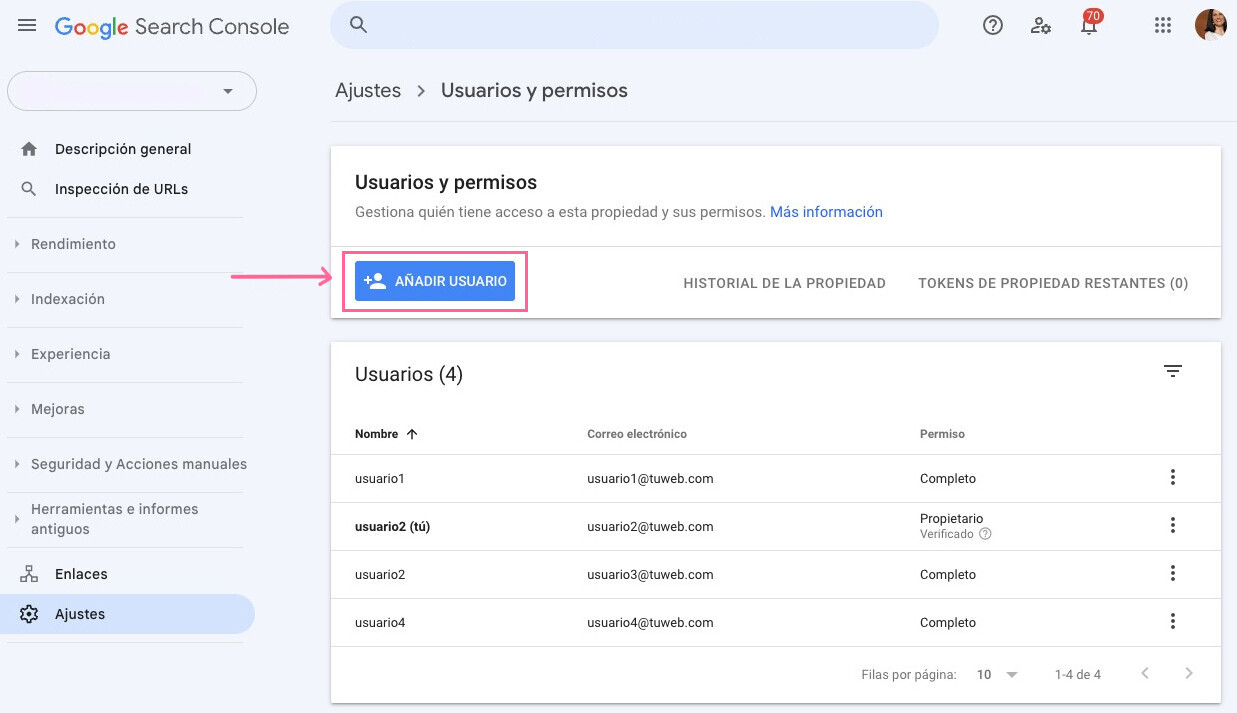 Añadir usuarios en Google Search Console