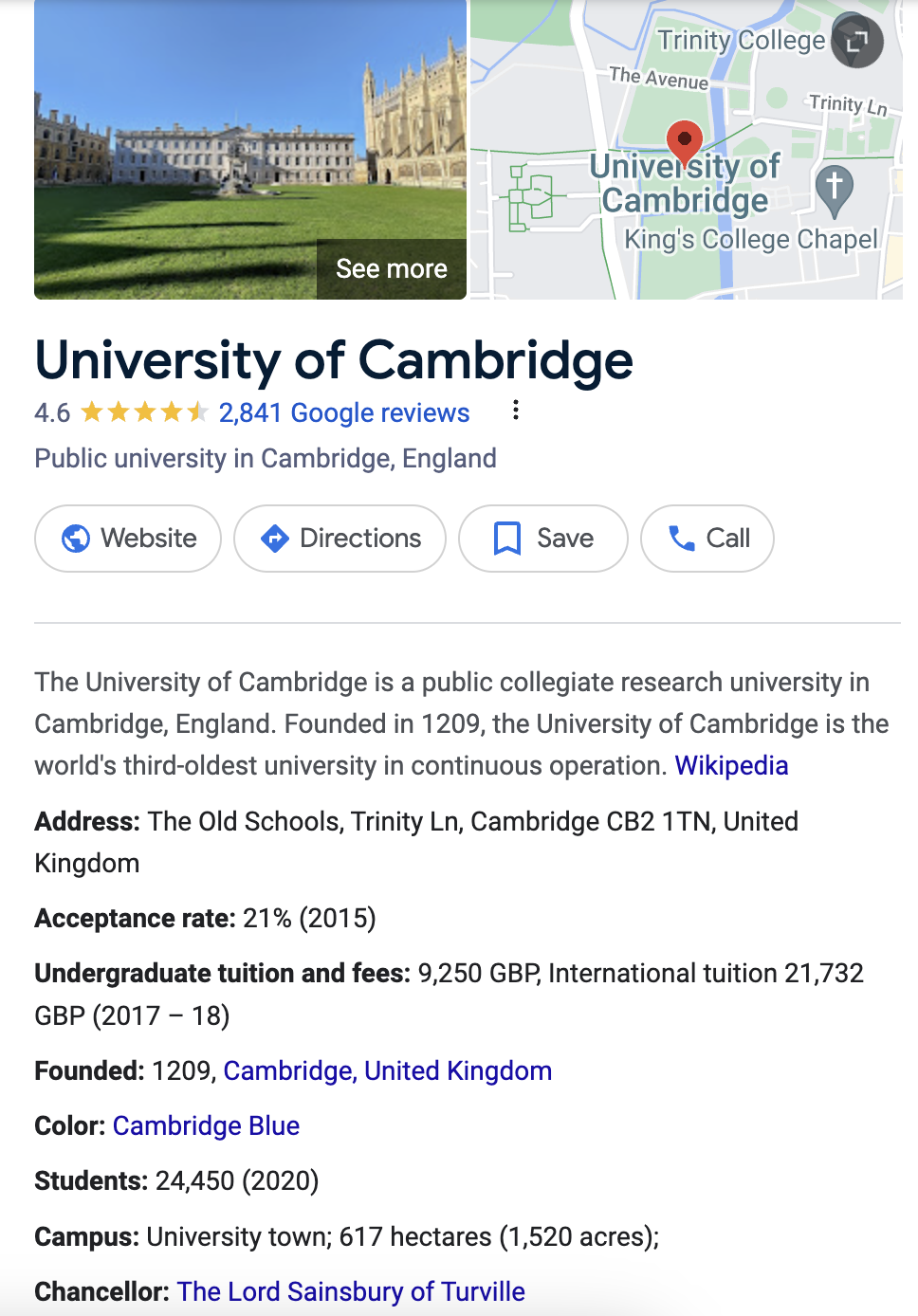 University of Cambridge Google Business page with map, reviews, and other business details.