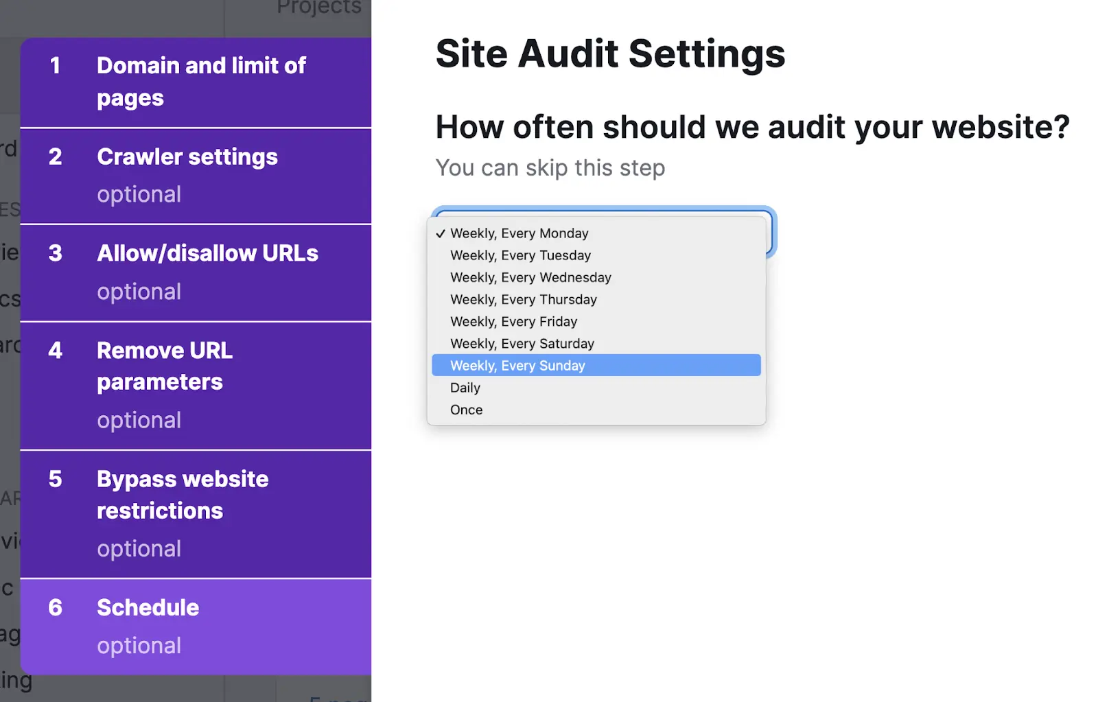 Site Audit Settings window, showing how to schedule audits