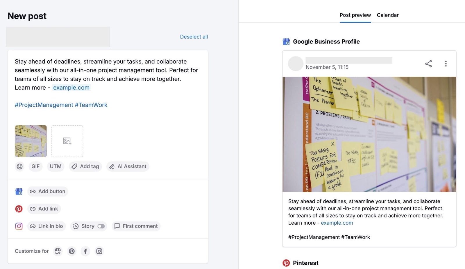 A station  drafted connected  Semrush's Social Poster with substance   entered, media uploaded, and channels to station  connected  selected.