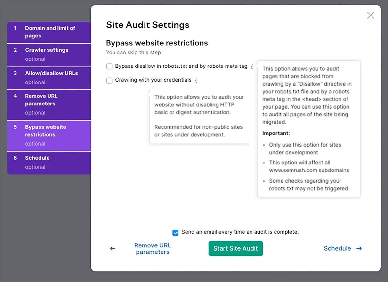 Página de configurações "Ignorar restrições do site"