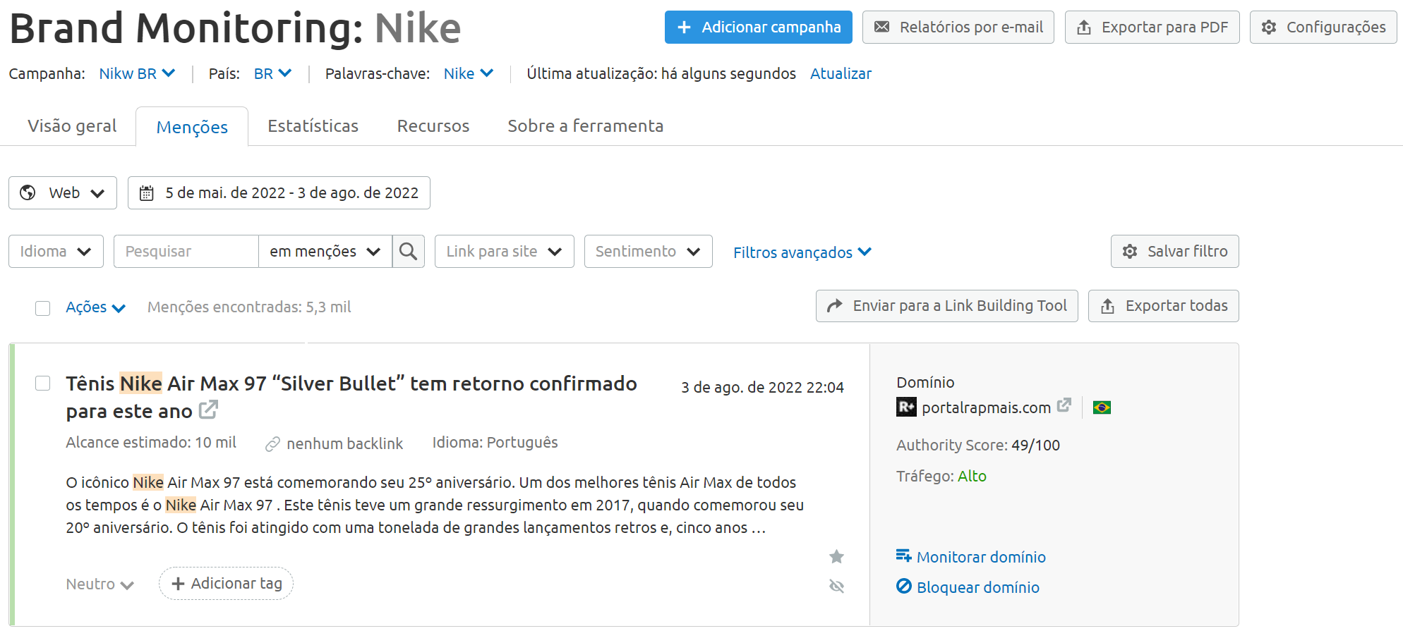 ferramenta brand monitoring aba menções