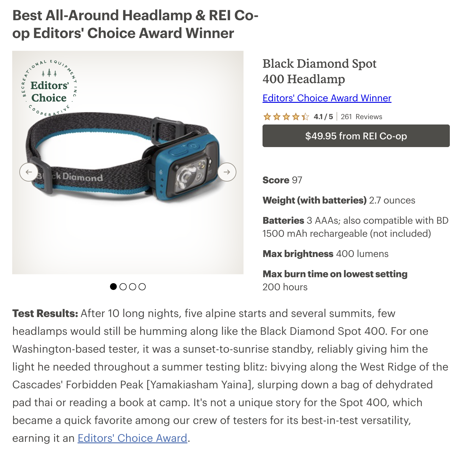 REI's headlamp product review for "best all-around headlamp"