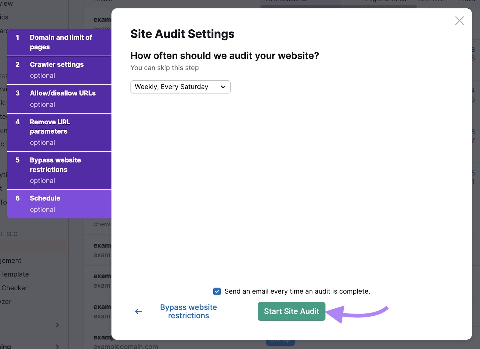 Scheduling settings page on Site Audit with the "Start Site Audit" button clicked.