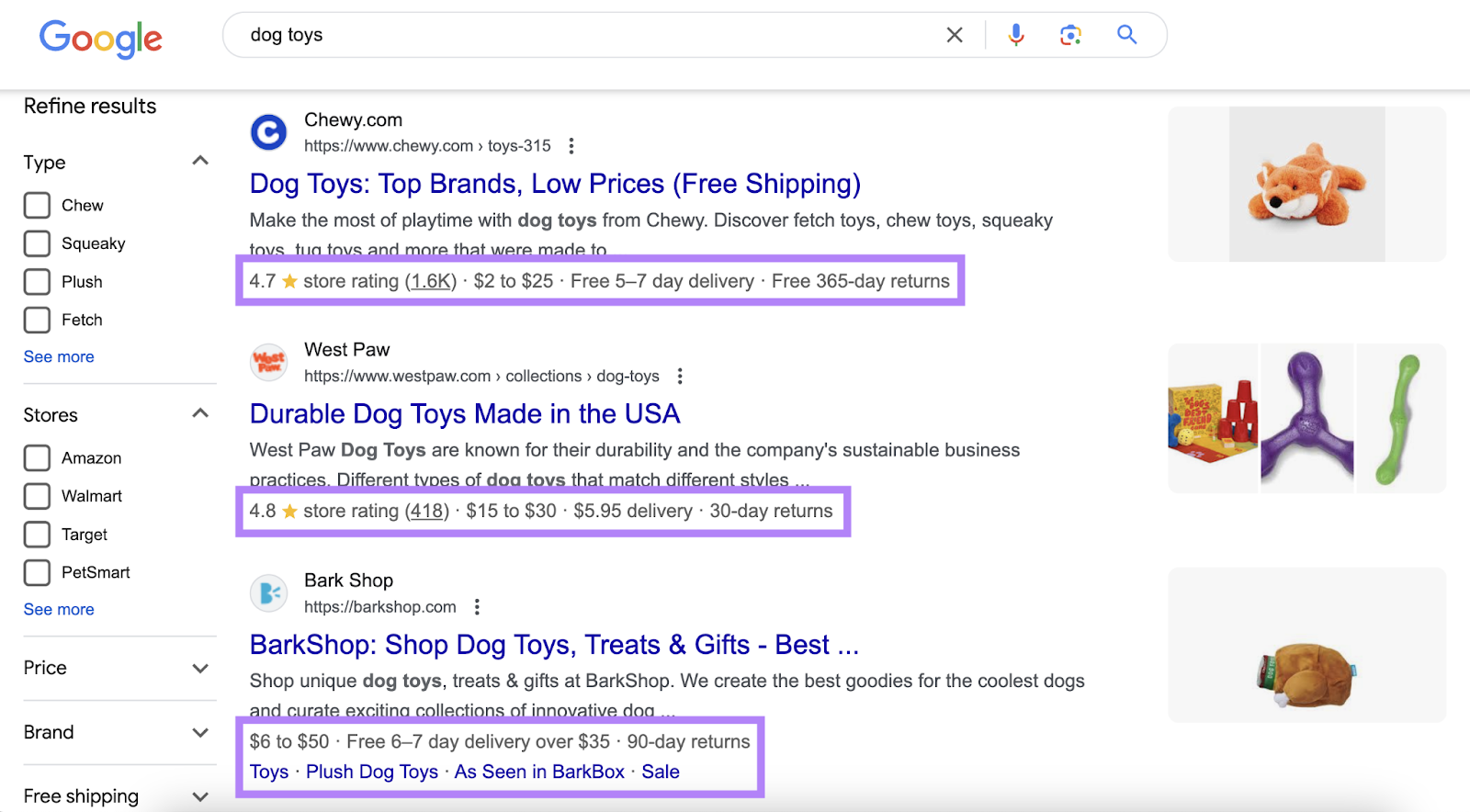 rich results show star rating, pricing, delivery time, return information, and sitelinks