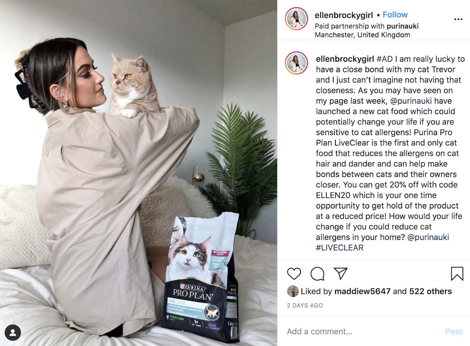 An Instagram post by @ellenbrockygirl with a cat, talking about Purina cat food