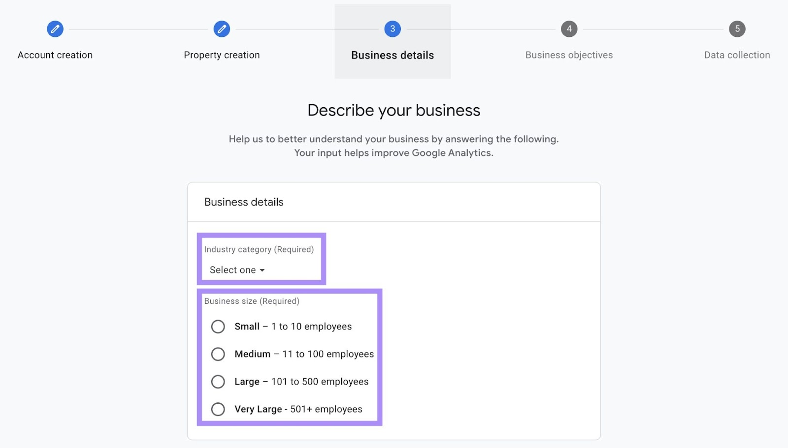 “Industry category” and “Business size” fields nether "Describe your business" step