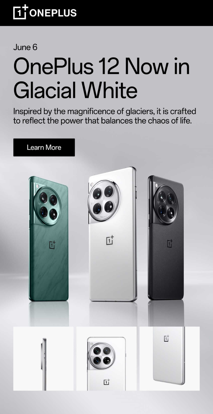 Promotion email for the OnePlus 12 smartphone successful  Glacial White, displaying 3  telephone  colors and close-up views