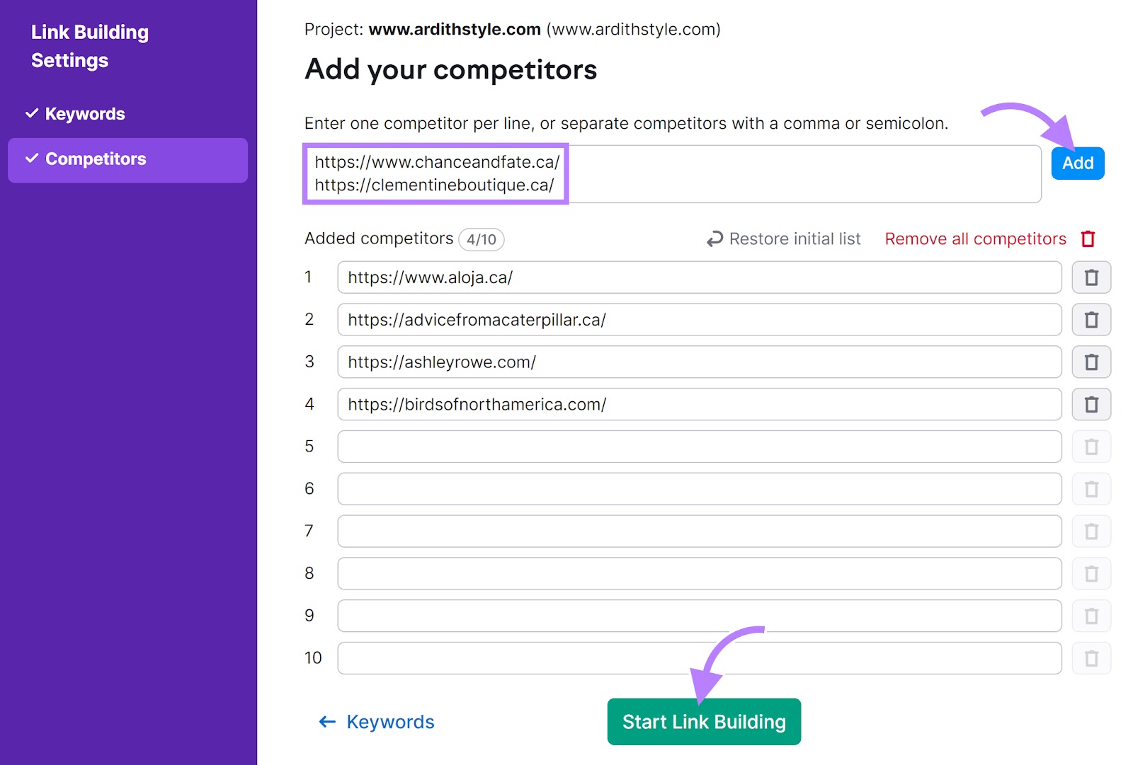 "Competitors" tab of the Link Building Settings window with the "Add" and "Start Link Building" buttons highlighted